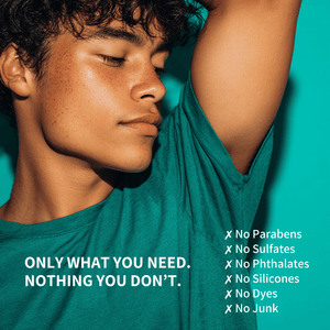 Teen guy wearing a teal shirt with a message about product ingredients on a teal background