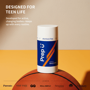 Deodorant stick on a basketball with promotional text about teen life and product features.
