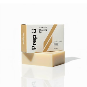 Prep U Cleansing bar soap with packaging on a white background