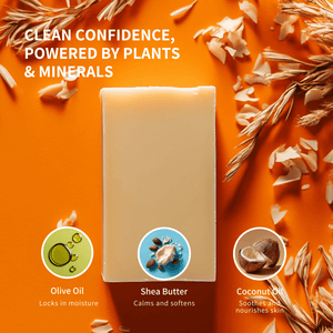 Prep U Bar of soap with olive oil, shea butter, and coconut oil icons on an orange background with plant elements.