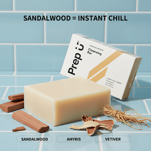 Prep U Bar of soap with packaging on a tiled surface, featuring sandalwood elements.