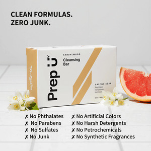 Prep U cleansing bar packaging with sandalwood scent on a white background, featuring text about product benefits.