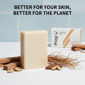 Prep U Bar of soap with packaging and natural elements on a light background, promoting sustainability.