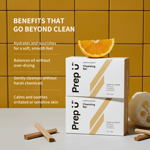 Prep U cleansing bar packaging with benefits listed on a tiled wall background