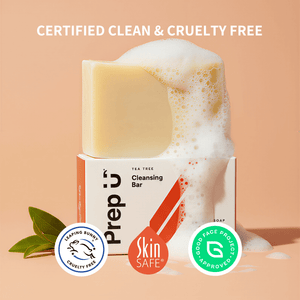 Prep U Cleansing bar with packaging and certification logos on a peach background