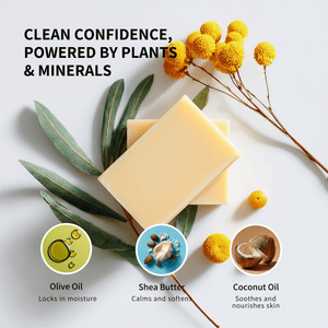 Two Prep U bars of soap with olive oil, shea butter, and coconut oil graphics on a white background.