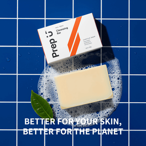 Prep U Bar of soap with packaging on a blue grid background, featuring the text 'Better for your skin, better for the planet'.
