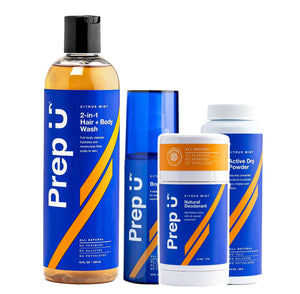 Total Clean Set featuring 2-in-1 Hair+Body Wash, Natural Deodorant, Body Spray, and Active Dry Powder in sleek packaging.