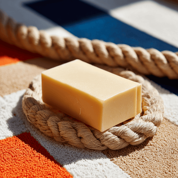 A natural soap bar resting on a coiled rope, set against a colorful textured surface.