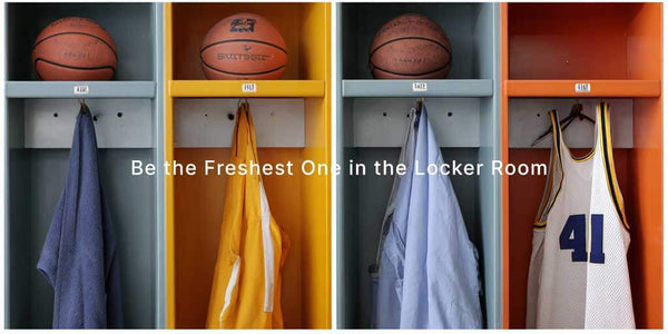 Colorful basketball locker room with jerseys and balls, promoting freshness and team spirit.