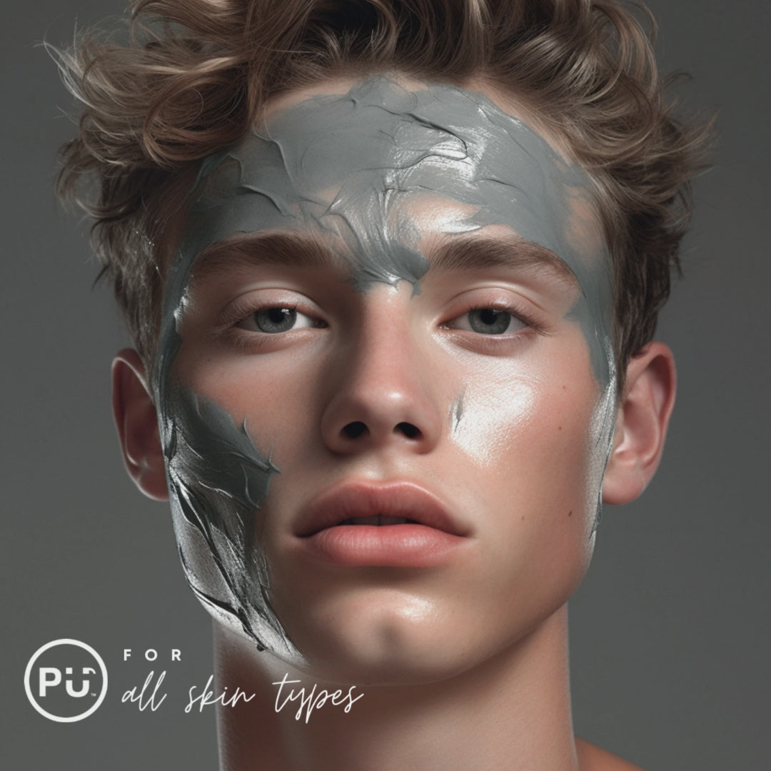 Young man with French green clay face mask, showcasing a glowing complexion and smooth skin for all skin types.