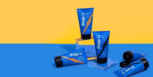 Colorful Prep U skincare products on a vibrant blue and yellow background, showcasing grooming essentials.