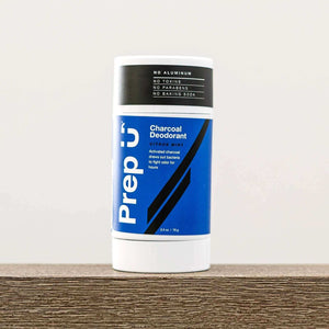 Prep U Aluminum-Free Charcoal Deodorant in a stick format, infused with natural essential oils.