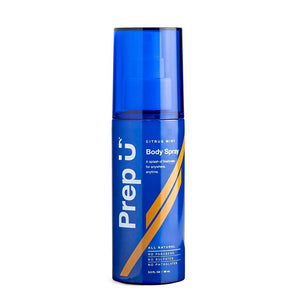 Prep U Citrus Mint Body Spray in a blue container, all-natural formula for refreshing and odor control anywhere, anytime.
